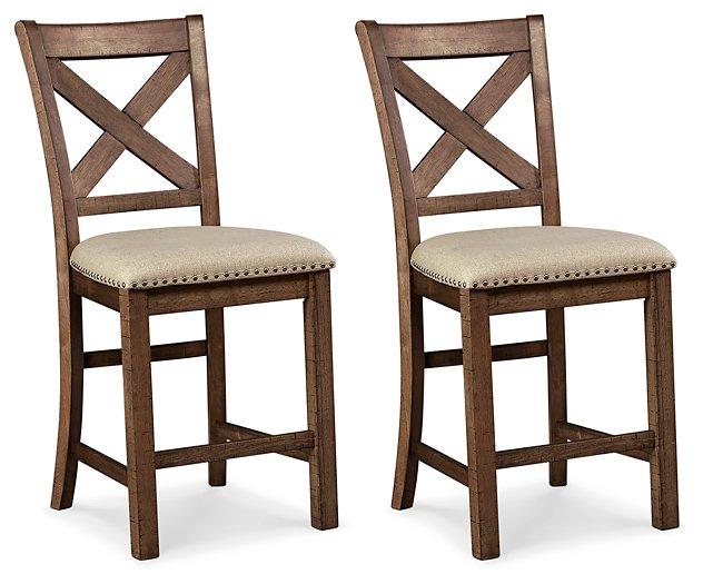 Set of Ashley Furniture Moriville barstools with wooden legs and upholstered seats, perfect for kitchen or bar area.