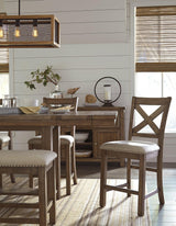 Set of Ashley Furniture Moriville barstools with wooden legs and upholstered seats, perfect for kitchen or bar counter seating.