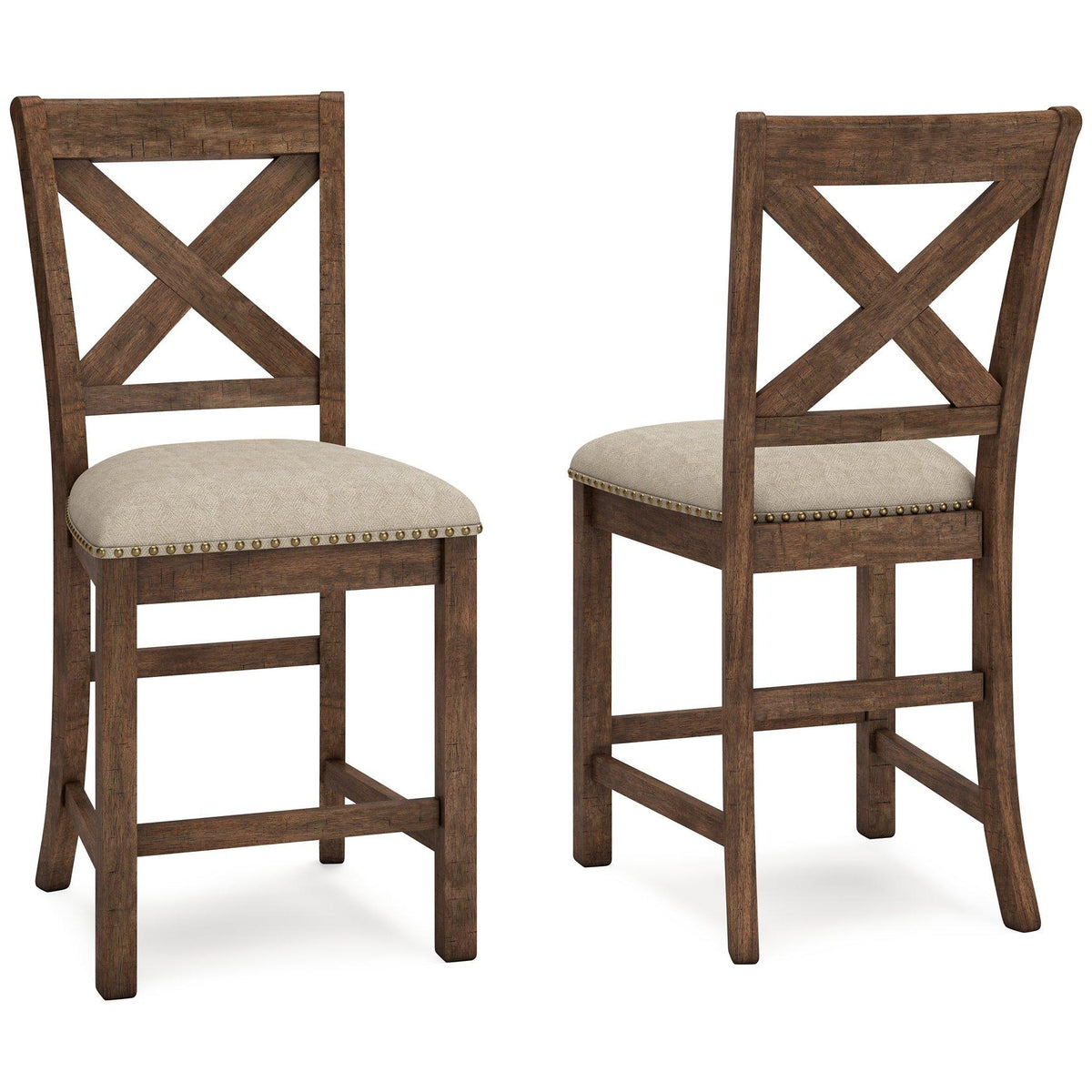Set of Ashley Furniture Moriville barstools with wooden seats and metal legs, ideal for kitchen or bar area seating.