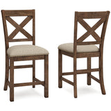 Set of Ashley Furniture Moriville barstools with wooden seats and metal legs, ideal for kitchen or bar area seating.