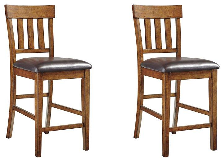 Set of Ashley Furniture Ralene Barstool Set featuring stylish wooden seats and metal legs, ideal for kitchen or bar area.
