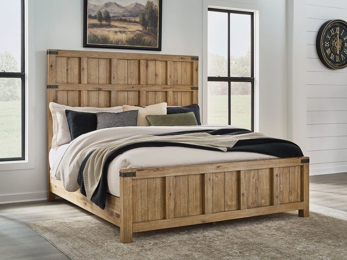 Ashley Furniture Ridgester bed with a sturdy wooden frame and upholstered headboard, shown in a cozy bedroom setting.