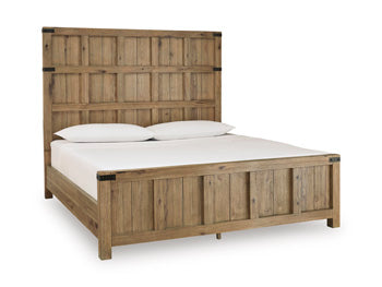 Ashley Furniture Ridgester Bed with a wooden frame and headboard, shown from an angled view highlighting its craftsmanship.