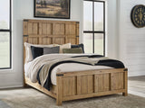 Ashley Furniture Ridgester Bed with a wooden frame and upholstered headboard, shown in a modern bedroom setting.