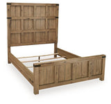 Ashley Furniture Ridgester bed with a stylish wooden frame and headboard, shown from an angled side view.