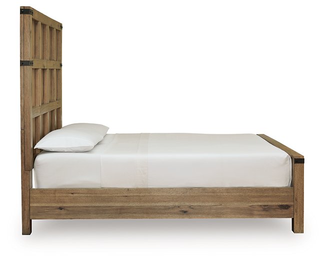 Ashley Furniture Ridgester Bed with a sturdy wooden frame and detailed headboard, shown from the side.