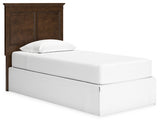Ashley Furniture Danabrin panel storage bed with a sleek wood finish, featuring built-in storage drawers and modern design.