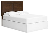 Ashley Furniture Danabrin Panel Storage Bed with sleek wood finish and built-in storage drawers, shown from an angled side view.