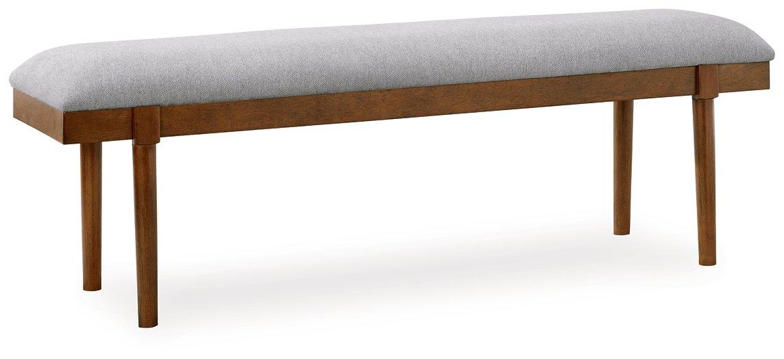 Upholstered dining bench by Ashley Furniture, 59-inch length with cushioned seating and wooden legs, ideal for kitchen or dining room.