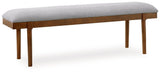 Upholstered dining bench by Ashley Furniture, 59-inch length with cushioned seating and wooden legs, ideal for kitchen or dining room.