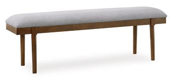 Ashley Furniture Lyncott 59-inch upholstered dining bench with plush fabric and sturdy wooden legs, ideal for kitchen or dining area.
