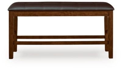 Ashley Furniture Ralene counter height dining bench with wooden seat and sturdy metal legs, shown from a head-on angle.
