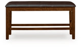 Ashley Furniture Ralene counter height dining bench with wooden seat and sturdy metal legs, shown from a head-on angle.