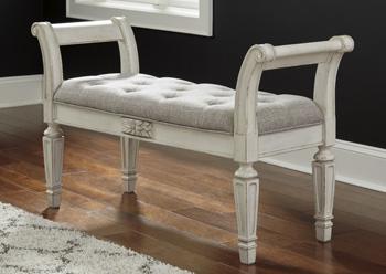 Ashley Furniture Realyn Accent Bench with wooden legs and upholstered seat, ideal for entryways or living rooms.