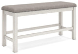 Robbinsdale 49-inch counter height dining bench by Ashley Furniture, showing a wooden bench with a smooth finish and sturdy legs.