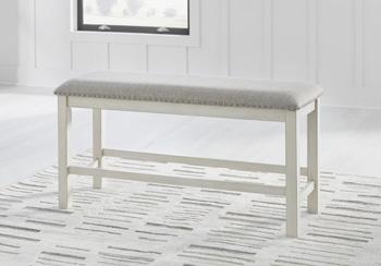 Ashley Robbinsdale 49-inch counter height dining bench with wood finish and upholstered seat for kitchen or dining room use.