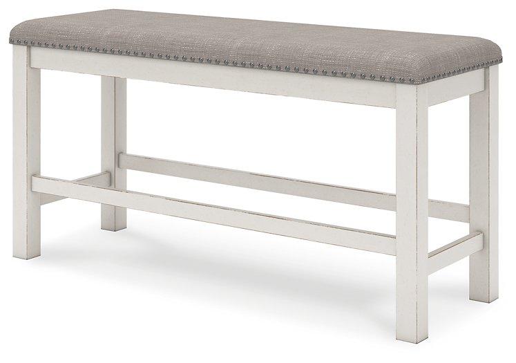 Robbinsdale 49-inch counter height dining bench by Ashley Furniture with wooden legs and upholstered seat for dining room use.