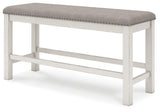 Robbinsdale 49-inch counter height dining bench by Ashley Furniture with wooden legs and upholstered seat for dining room use.