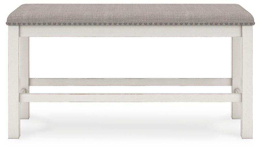 Ashley Furniture Robbinsdale 49-inch counter height dining bench showing wood frame and upholstered seat for kitchen or dining area.