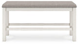 Ashley Furniture Robbinsdale 49-inch counter height dining bench showing wood frame and upholstered seat for kitchen or dining area.