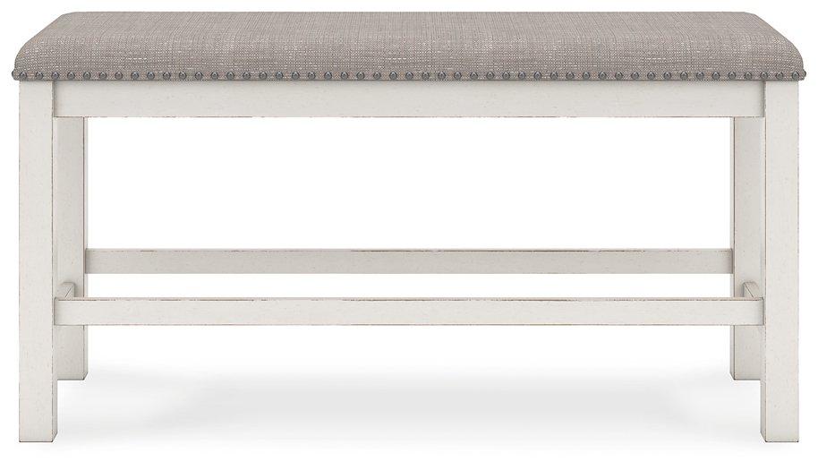 Robbinsdale 49-inch counter height dining bench by Ashley Furniture with wooden legs and upholstered seat for kitchen or dining use.