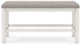 Robbinsdale 49-inch counter height dining bench by Ashley Furniture with wooden legs and upholstered seat for kitchen or dining use.