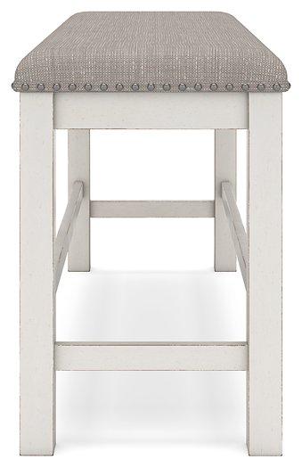 Ashley Furniture Robbinsdale 49-inch counter height dining bench with wooden legs and cushioned seat.