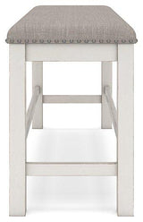 Ashley Furniture Robbinsdale 49-inch counter height dining bench with wooden legs and cushioned seat.