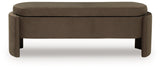 Ashley Furniture Vavuniya storage bench with cushioned top and wooden base, ideal for living room or entryway seating.
