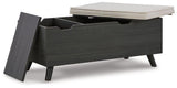 Ashley Furniture Yarlow Storage Bench with cushioned top and wooden legs, ideal for entryways or living rooms.