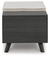 Ashley Furniture Yarlow Storage Bench with cushioned top and wooden base, ideal for entryway or living room storage.