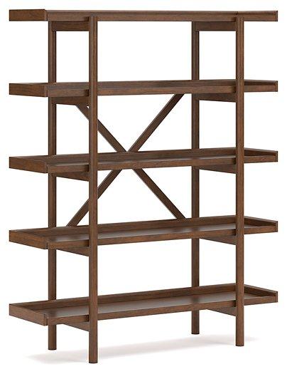 Ashley Furniture Lyncott 70-inch bookcase with multiple shelves and a dark wood finish, ideal for living room or office storage.