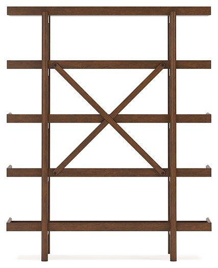 Ashley Furniture Lyncott 70-inch wooden bookcase with adjustable shelves and open storage compartments.