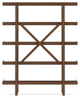 Ashley Furniture Lyncott 70-inch wooden bookcase with adjustable shelves and open storage compartments.