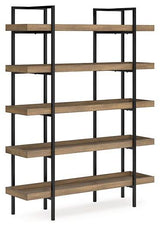Montia 76-inch wooden bookcase by Ashley Furniture with multiple shelves for storage and display.