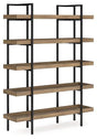 Montia 76-inch wooden bookcase by Ashley Furniture with multiple shelves for storage and display.