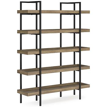 Montia 76-inch wooden bookcase by Ashley Furniture with multiple shelves for books and decorative items.