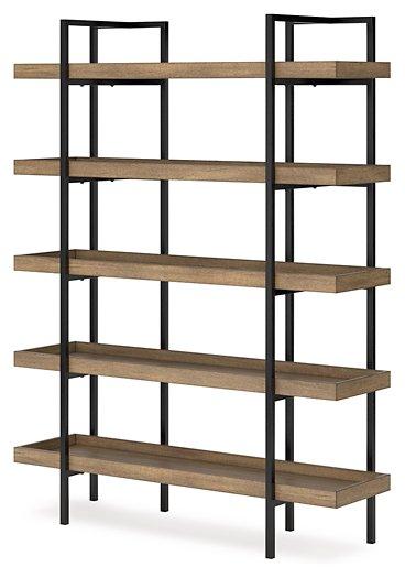Montia 76-inch wooden bookcase by Ashley Furniture with multiple shelves for storage and display.