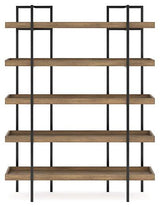 Ashley Montia 76-inch bookcase with multiple shelves and wood finish for stylish storage and display in living rooms or offices.