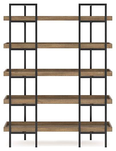 Montia 76-inch wooden bookcase from Ashley Furniture with multiple shelves and open storage for books and decor.