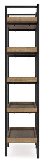 Montia 76-inch wooden bookcase by Ashley Furniture with multiple shelves for storage and display.
