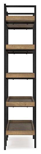 Montia 76-inch wooden bookcase by Ashley Furniture with multiple shelves for storage and display.
