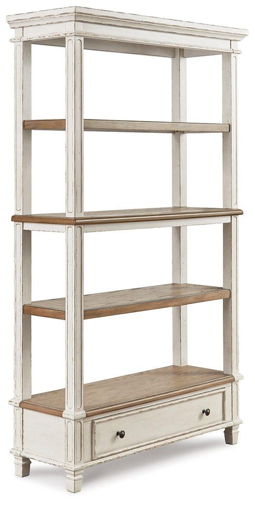 Realyn 75-inch Ashley Furniture bookcase with multiple shelves and a dark wood finish, showcasing its spacious storage design.