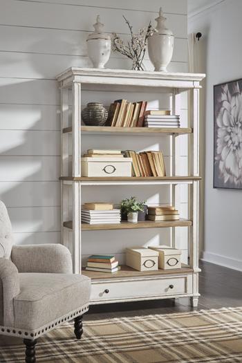 Ashley Furniture Realyn 75-inch bookcase with open shelves and a warm wood finish for stylish storage and display.