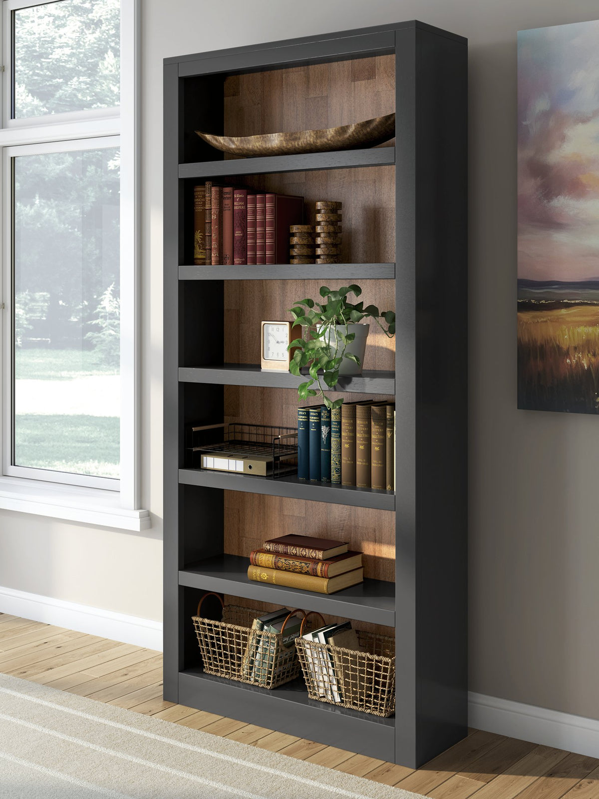 Wildenauer 75-inch Ashley Furniture bookcase with dark wood finish, featuring multiple shelves for storage and display.