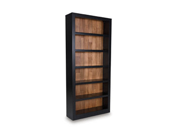 Wildenauer 75-inch wooden bookcase by Ashley Furniture with multiple shelves and a modern design, shown at an angle.