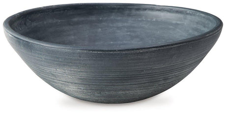 Ashley Furniture Meadie Bowl, decorative ceramic bowl with intricate patterns and a glossy finish, suitable for display or serving.