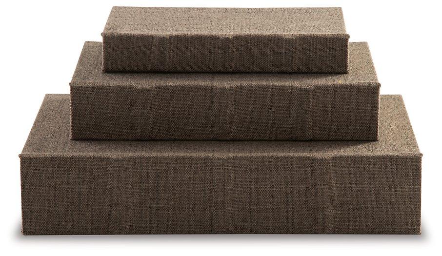 Set of three Ashley Furniture Jolina boxes in various sizes, stylish storage boxes with lid, ideal for organizing and decor.