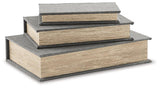 Set of three Ashley Furniture Jolina storage boxes with lid, made of sturdy material, ideal for organizing and decorating spaces.