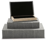 Set of three Ashley Furniture Jolina boxes, rectangular storage boxes with decorative patterns and wooden lids.